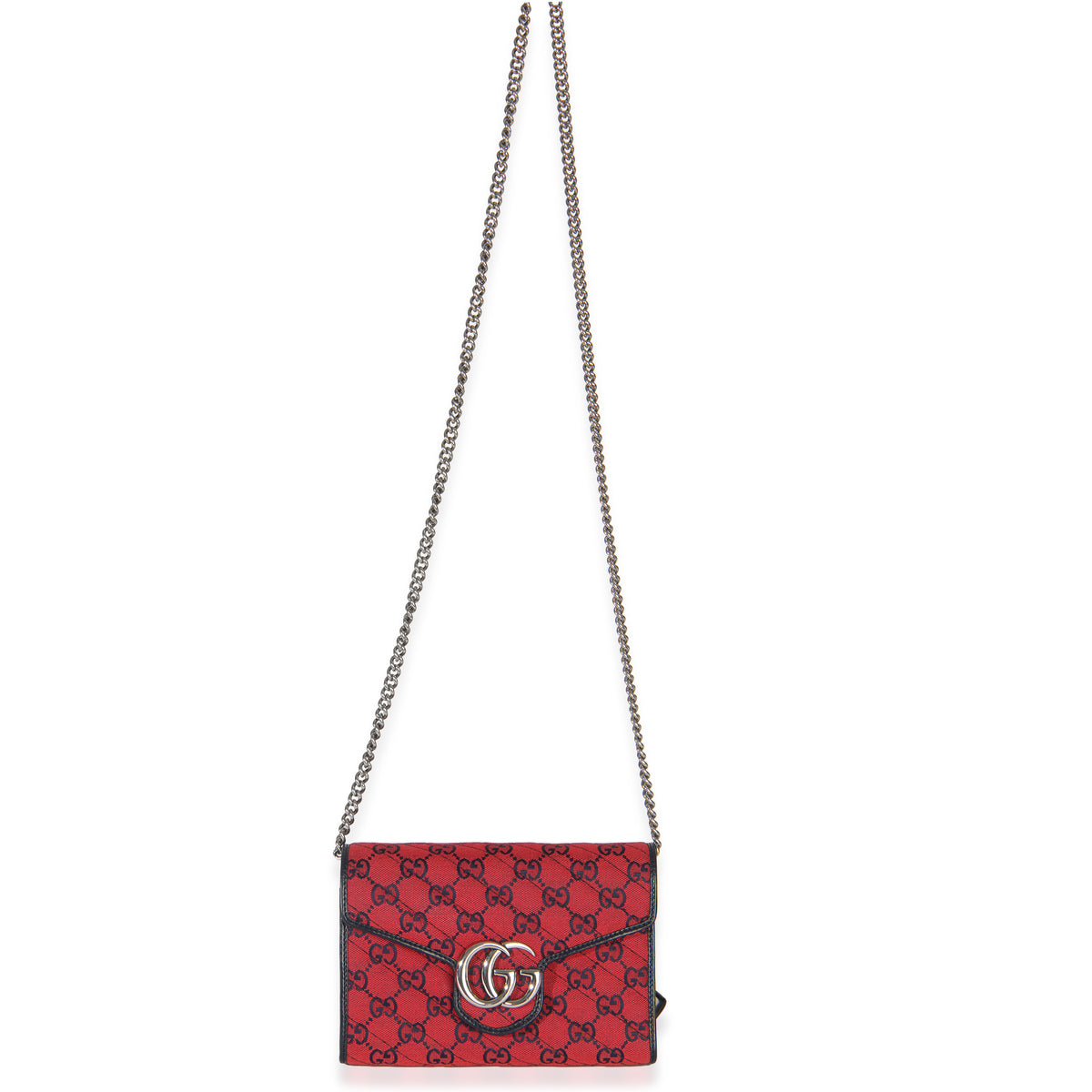 Gucci Red Blue Matelasse Diagonal Canvas GG Marmont Chain Wallet Handbag av