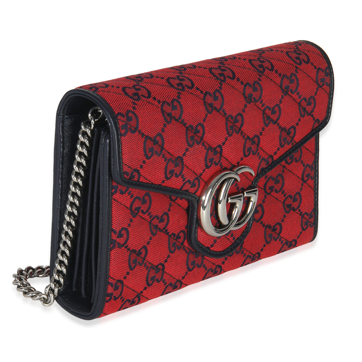Gucci Red Blue Matelasse Diagonal Canvas GG Marmont Chain Wallet Handbag pv