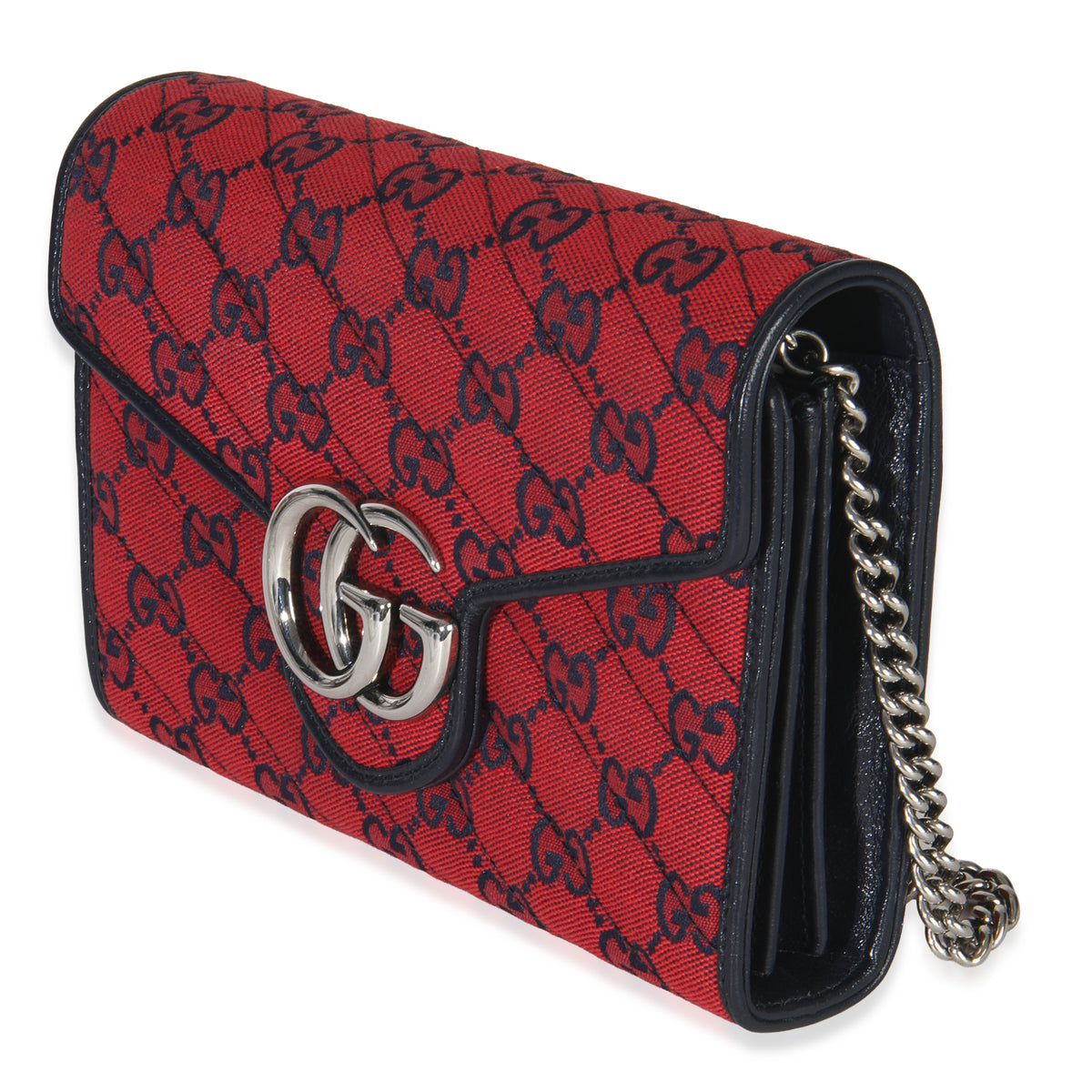 Gucci Red Blue Matelasse Diagonal Canvas GG Marmont Chain Wallet Handbag sv