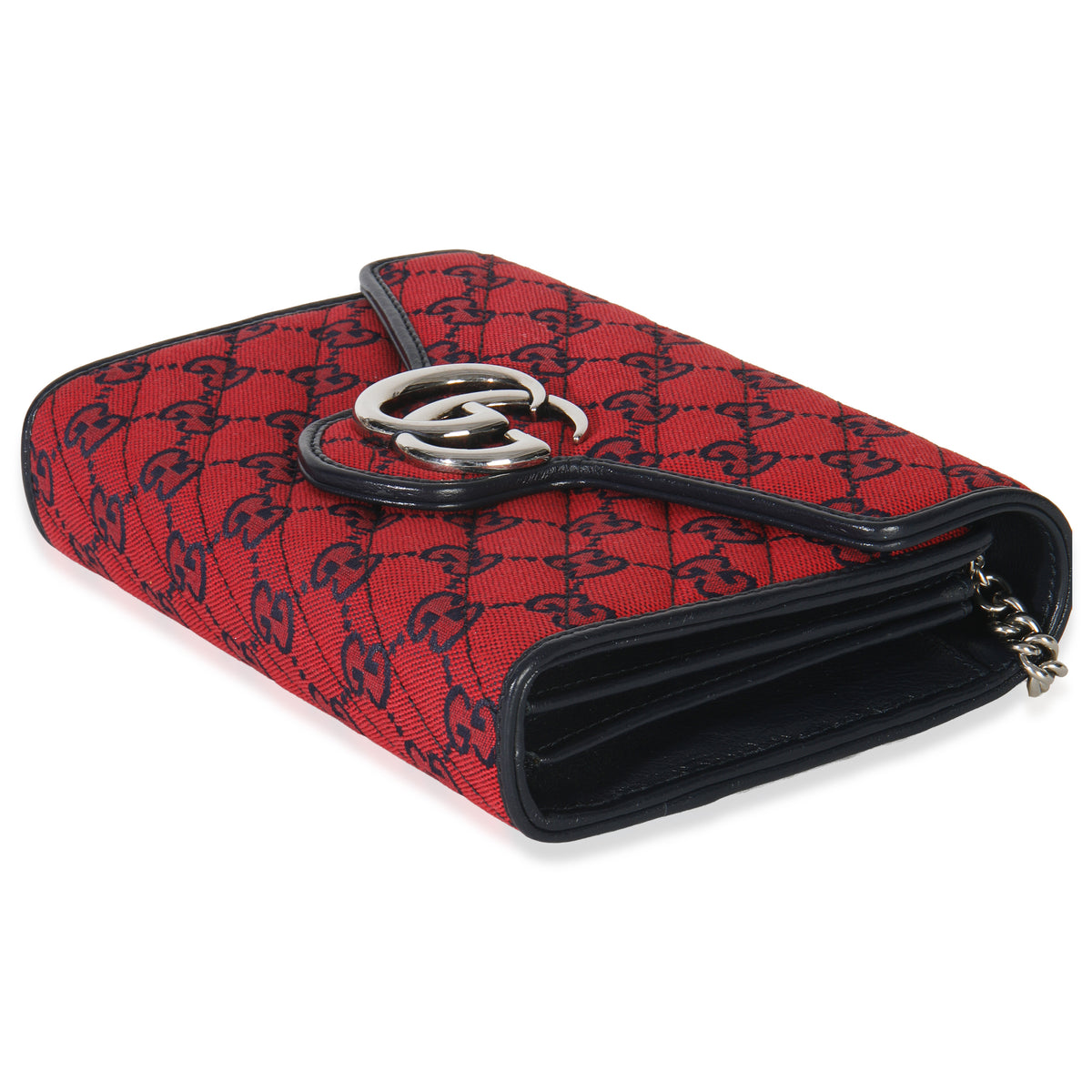 Gucci Red Blue Matelasse Diagonal Canvas GG Marmont Chain Wallet Handbag box