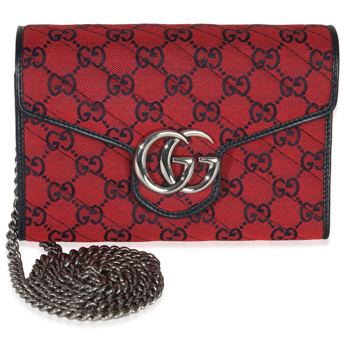 Gucci Red Blue Matelasse Diagonal Canvas GG Marmont Chain Wallet Handbag fv