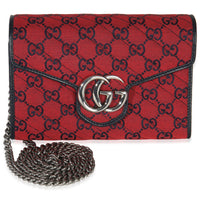 Gucci Red Blue Matelasse Diagonal Canvas GG Marmont Chain Wallet Handbag fv