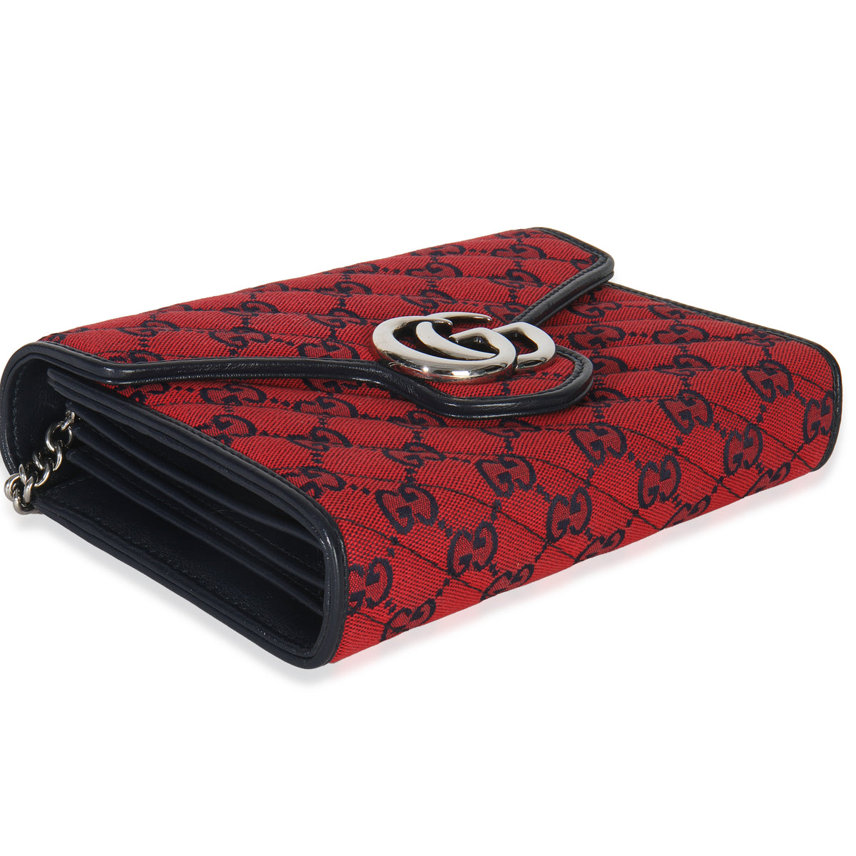 Red Blue Matelasse Diagonal Canvas GG Marmont Chain Wallet