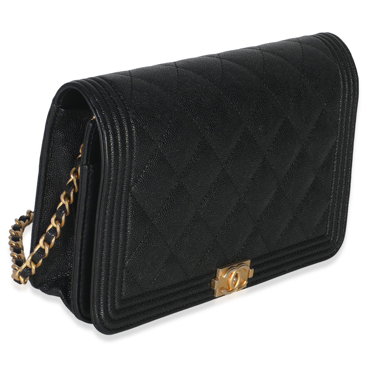Black Quilted Caviar Boy Wallet On Chain