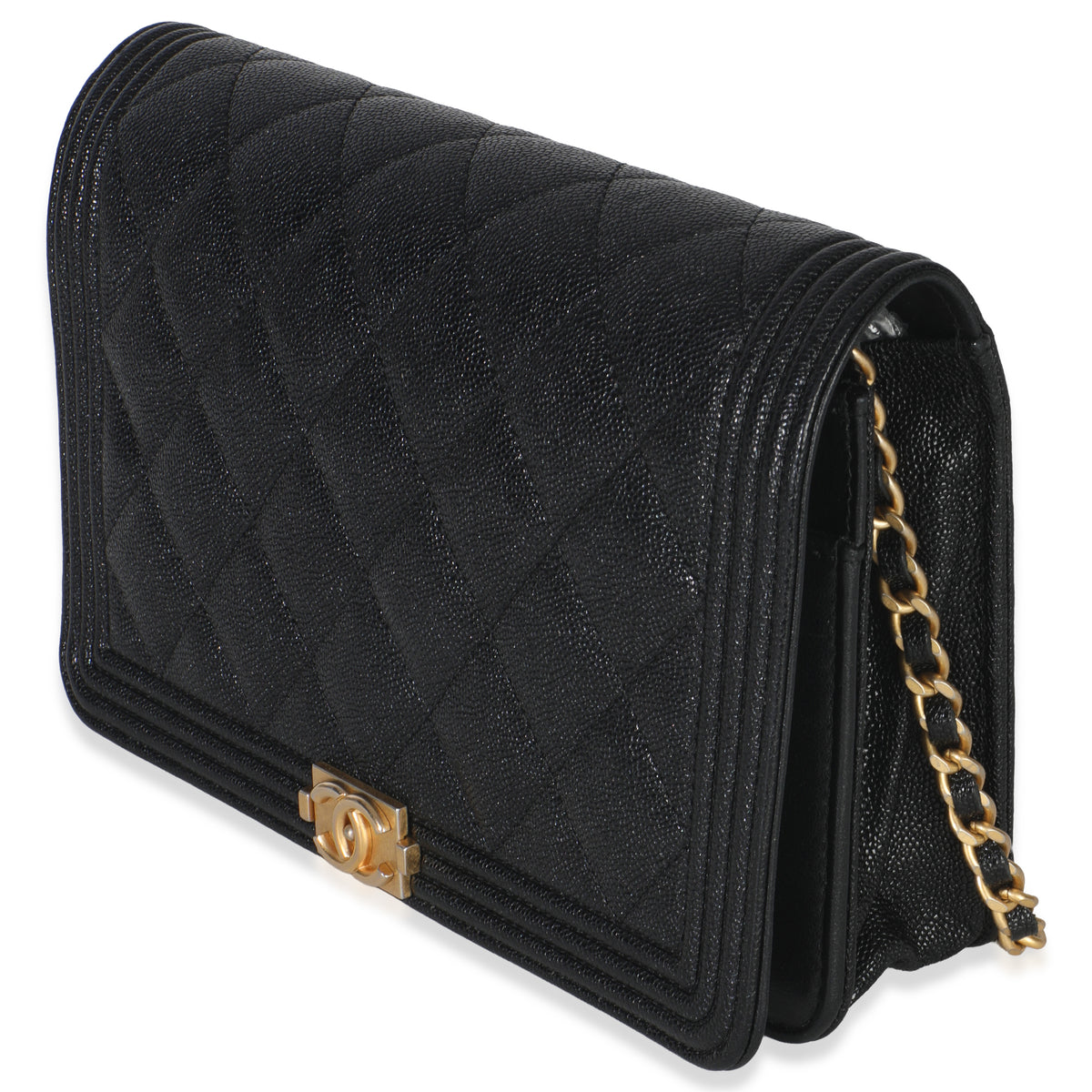 Black Quilted Caviar Boy Wallet On Chain