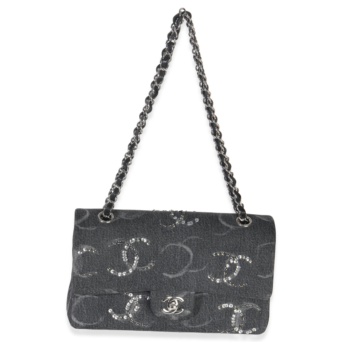 Chanel Black Denim Sequin CC Medium Classic Double Flap Bag Handbag av