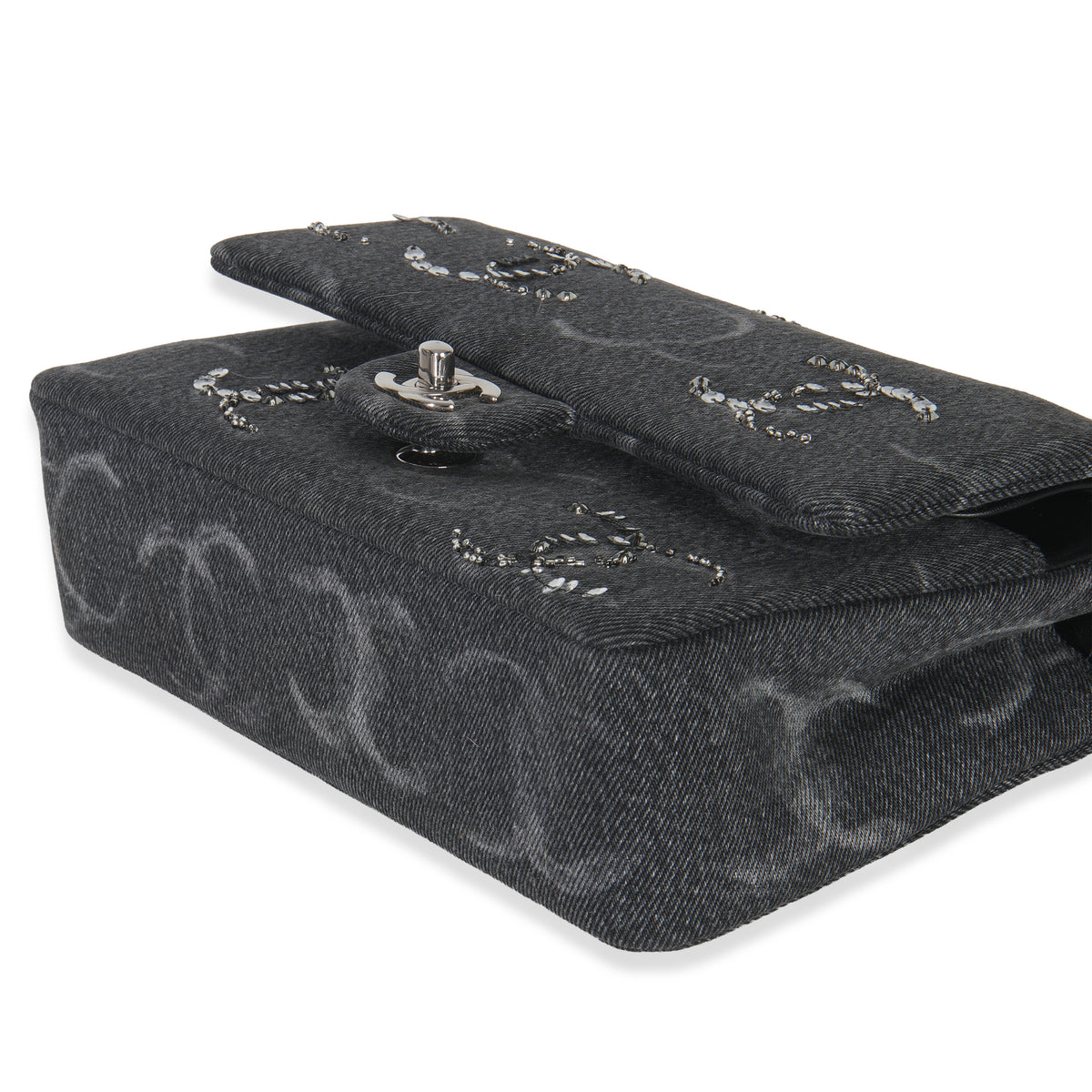Chanel Black Denim Sequin CC Medium Classic Double Flap Bag Handbag box