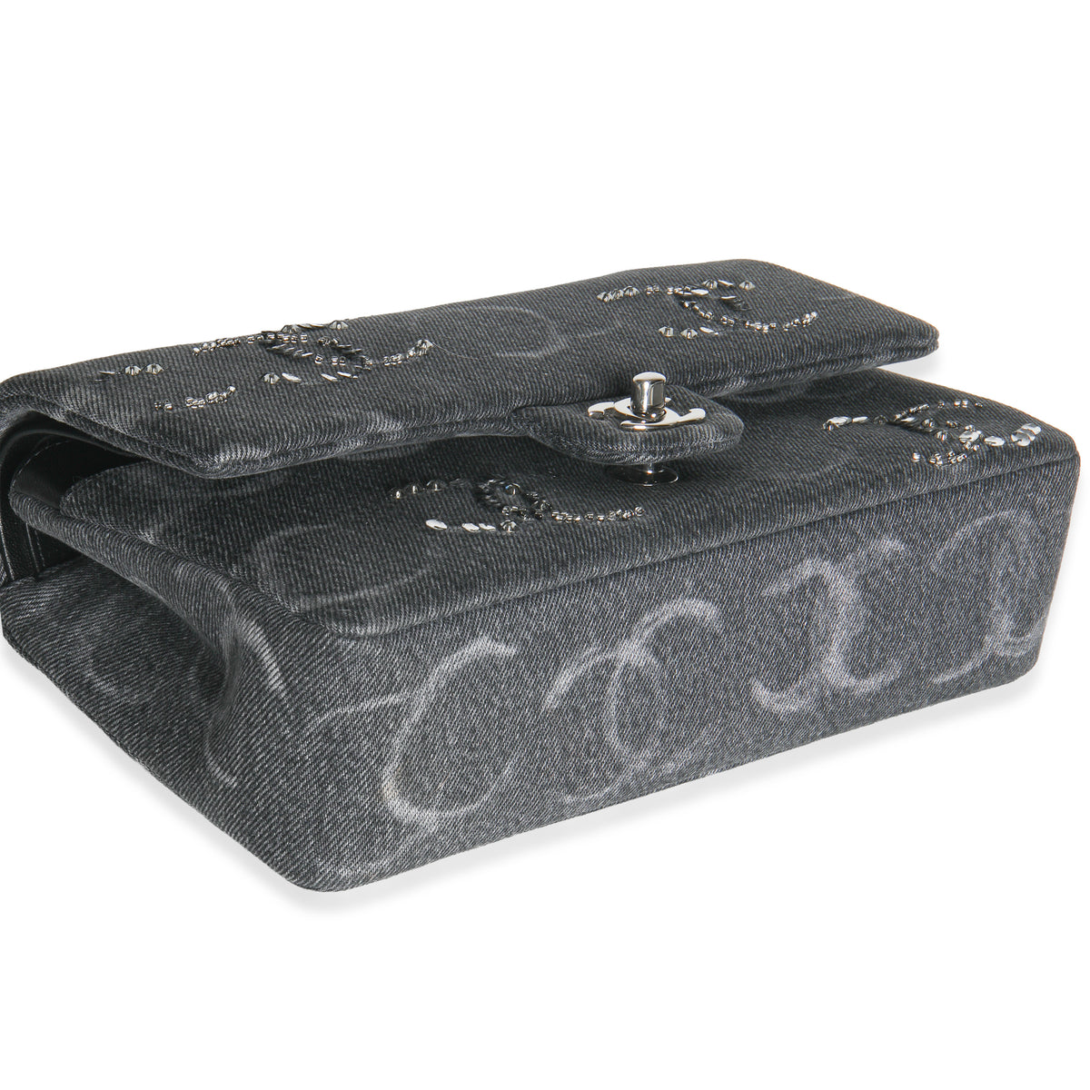 Chanel Black Denim Sequin CC Medium Classic Double Flap Bag Handbag clasp