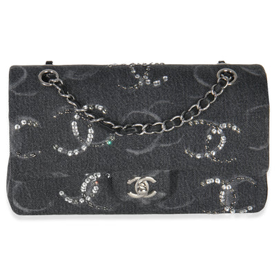 Chanel Black Denim Sequin CC Medium Classic Double Flap Bag Handbag fv