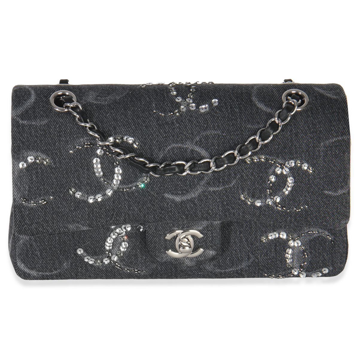 Chanel Black Denim Sequin CC Medium Classic Double Flap Bag Handbag fv