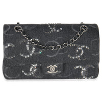 Chanel Black Denim Sequin CC Medium Classic Double Flap Bag Handbag fv