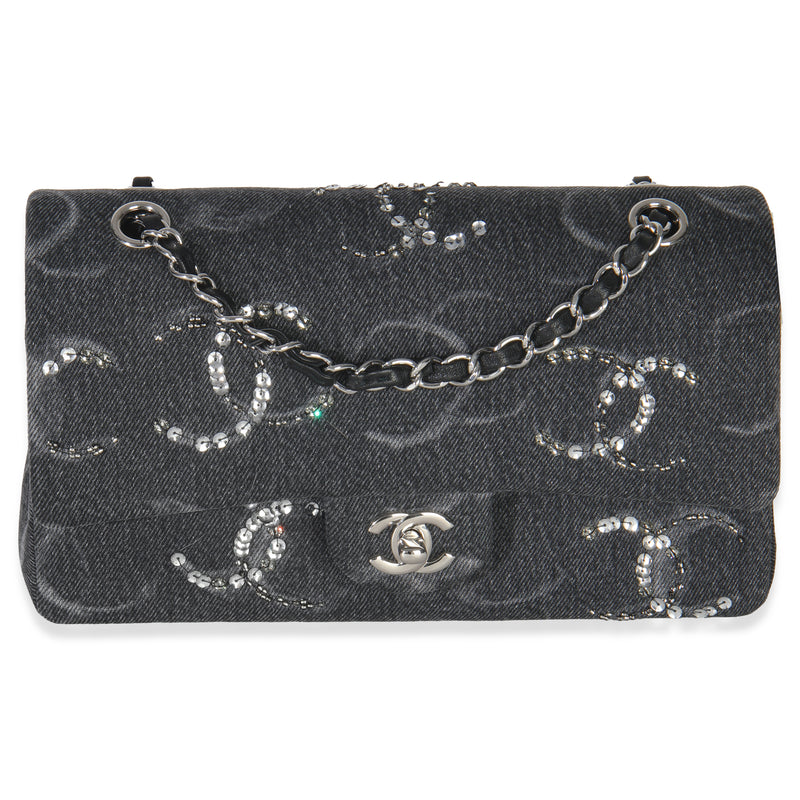 Chanel Black Denim Sequin CC Medium Classic Double Flap Bag Handbag fv