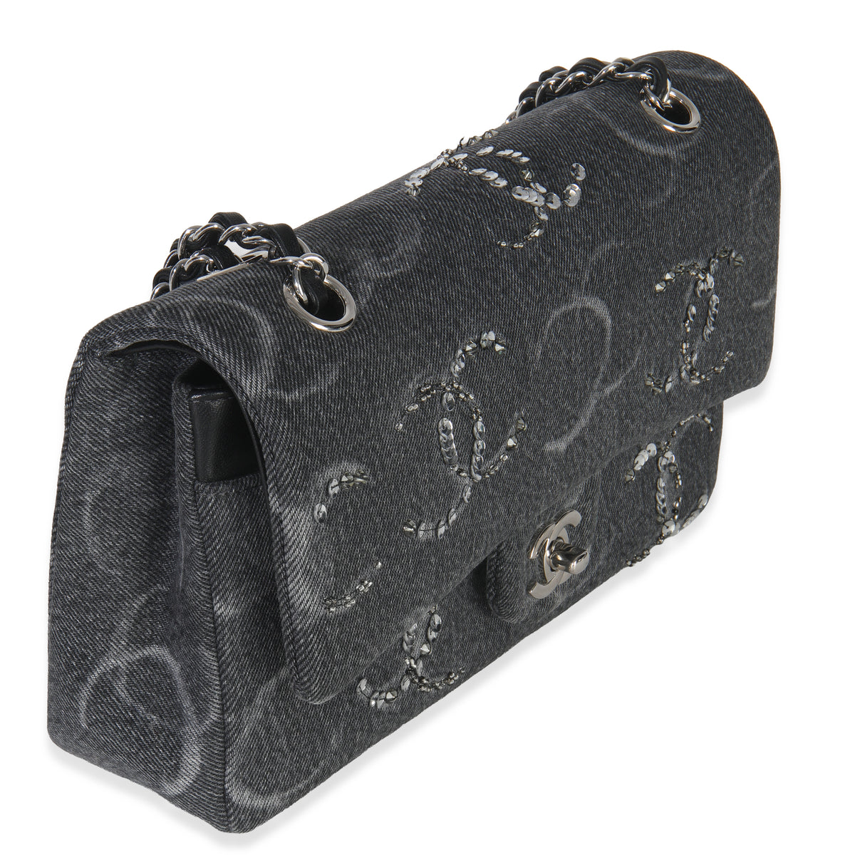 Chanel Black Denim Sequin CC Medium Classic Double Flap Bag Handbag pv