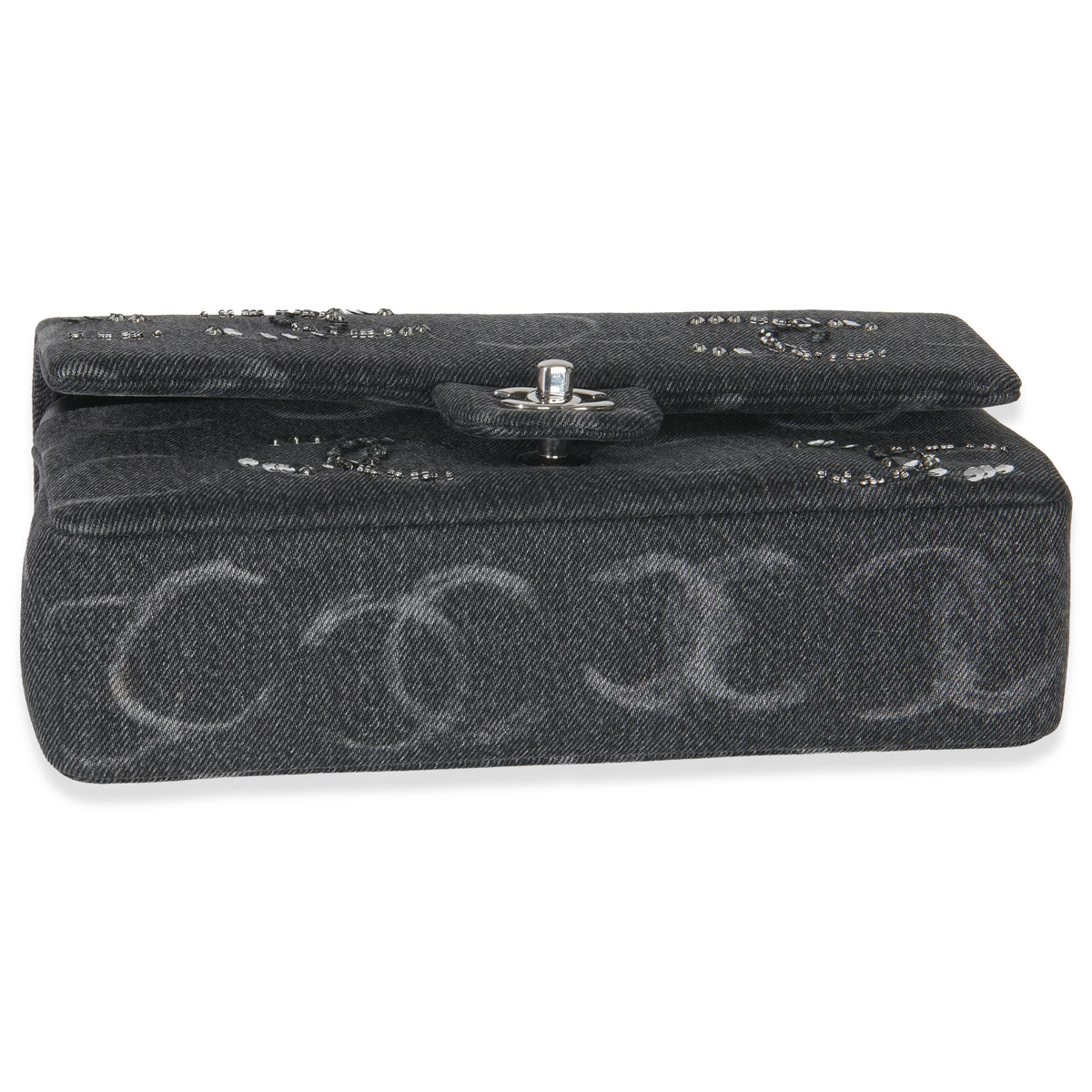 Chanel Black Denim Sequin CC Medium Classic Double Flap Bag Handbag stamp