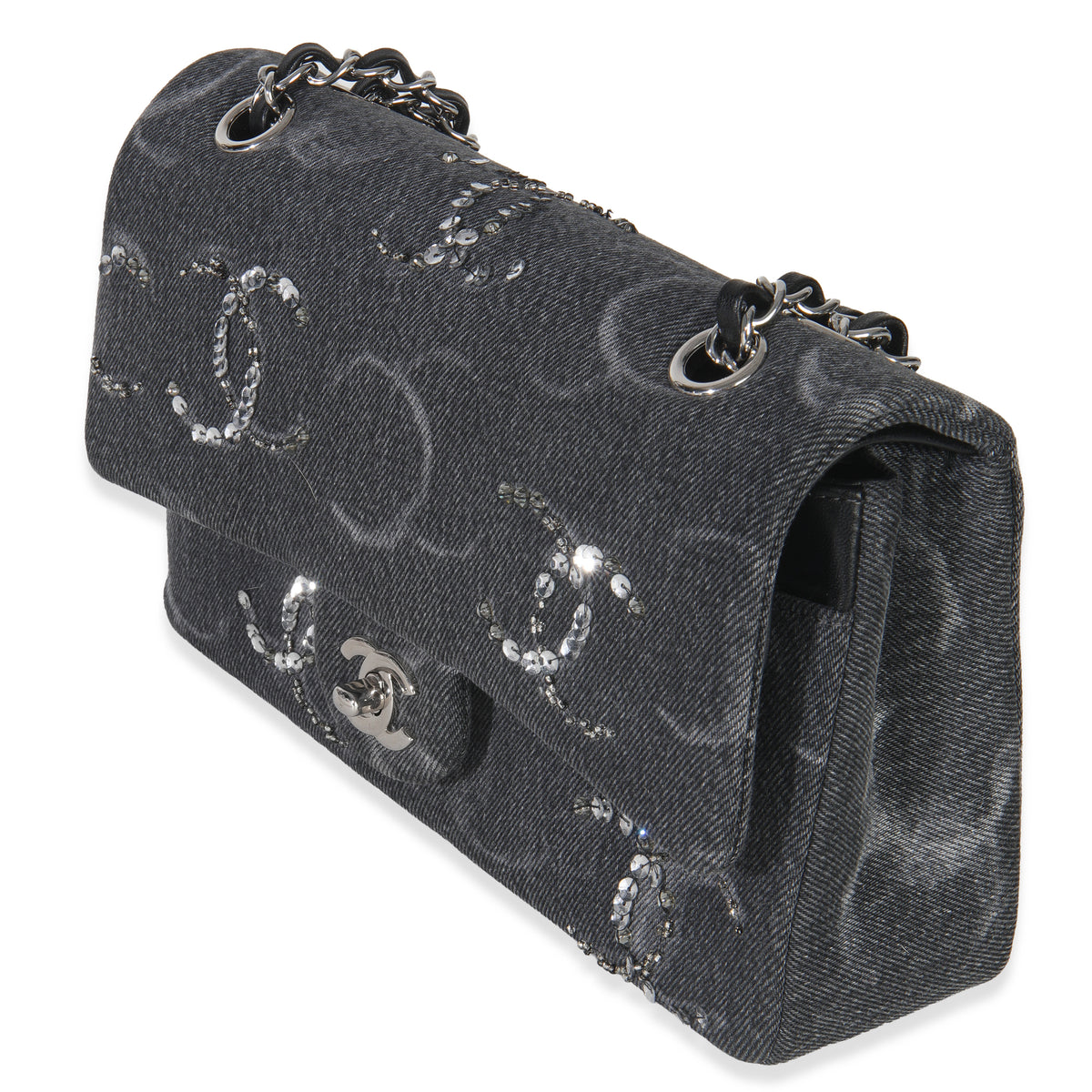 Chanel Black Denim Sequin CC Medium Classic Double Flap Bag Handbag sv