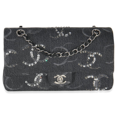 Black Denim Sequin CC Medium Classic Double Flap Bag