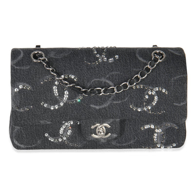 Black Denim Sequin CC Medium Classic Double Flap Bag