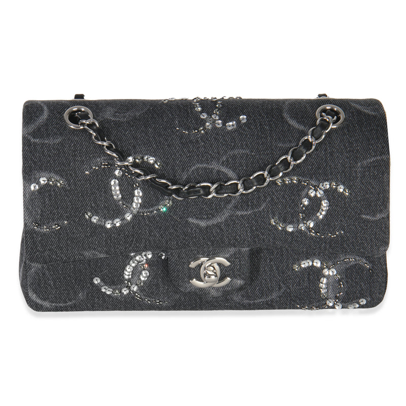 Black Denim Sequin CC Medium Classic Double Flap Bag