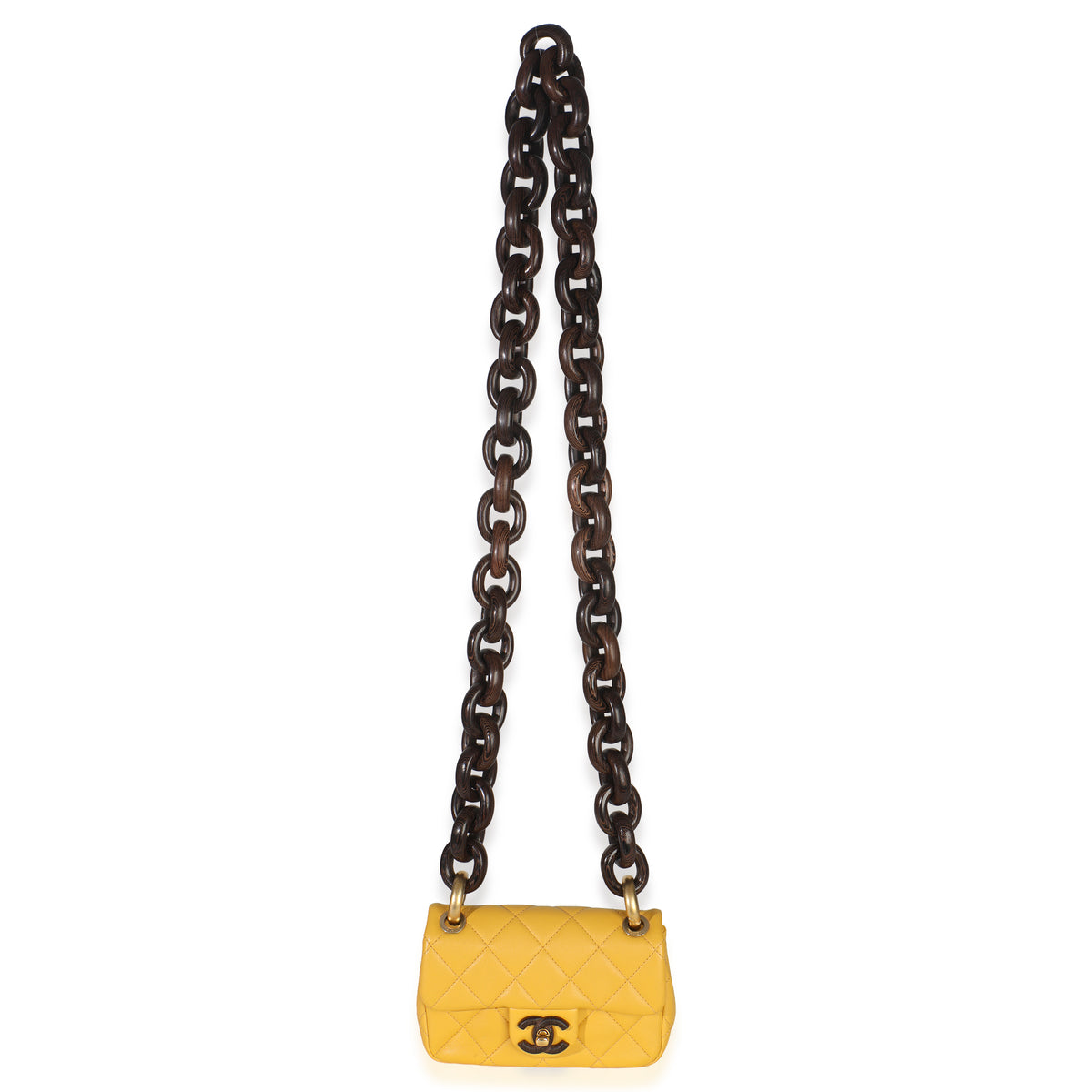 Yellow Quilted Lambskin Wenge Wood Mini Flap Bag