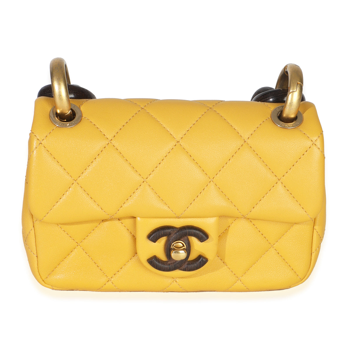 Yellow Quilted Lambskin Wenge Wood Mini Flap Bag