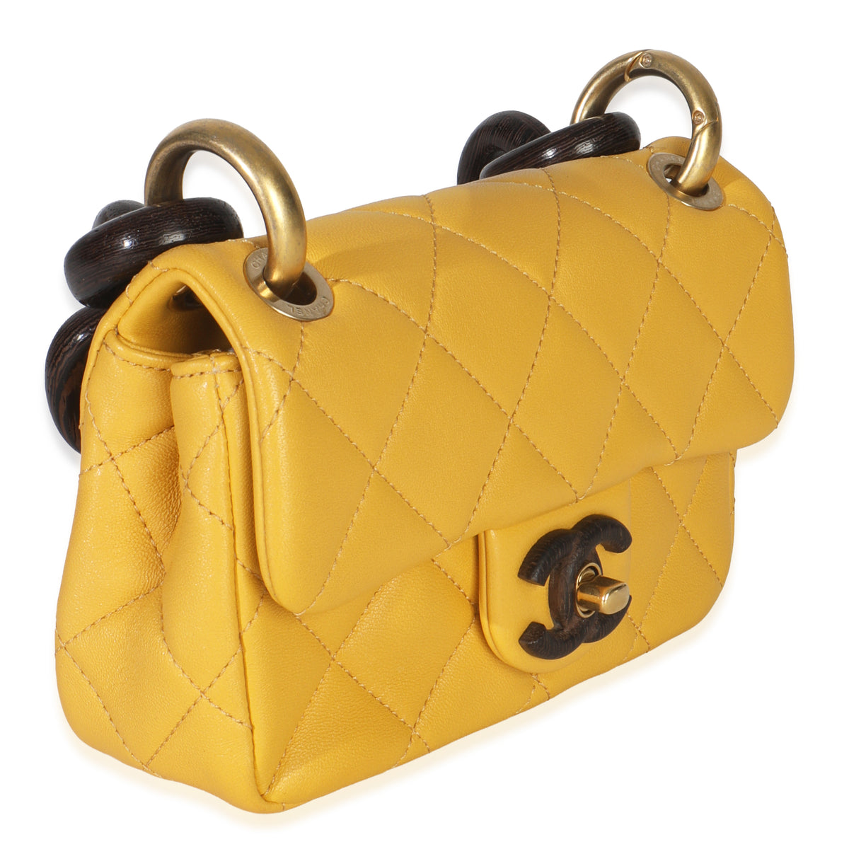 Yellow Quilted Lambskin Wenge Wood Mini Flap Bag