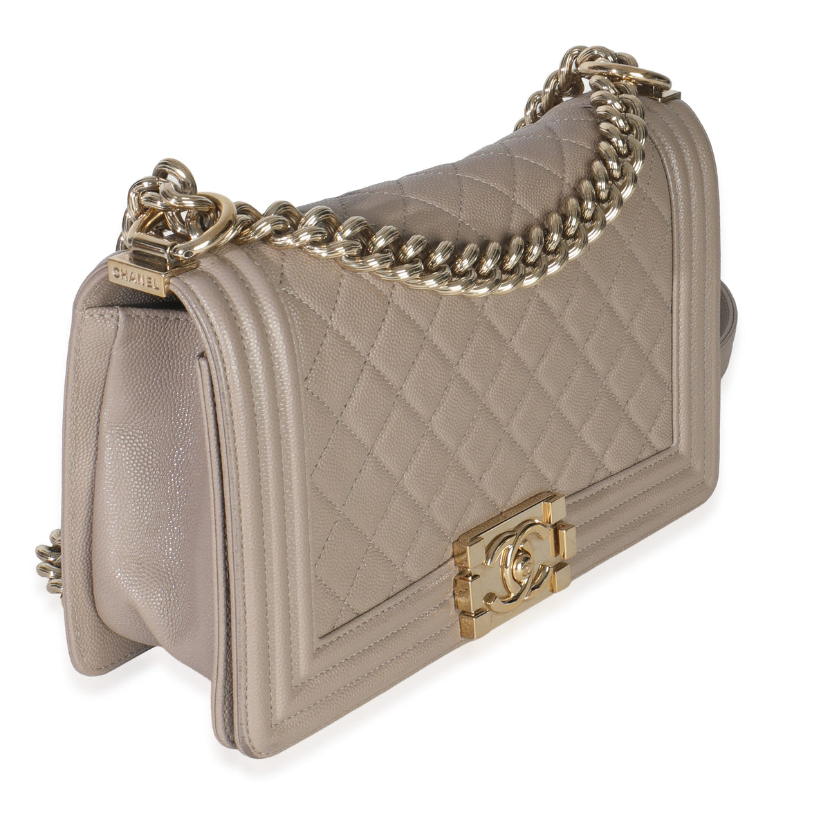 Beige Quilted Caviar Medium Boy Handbag