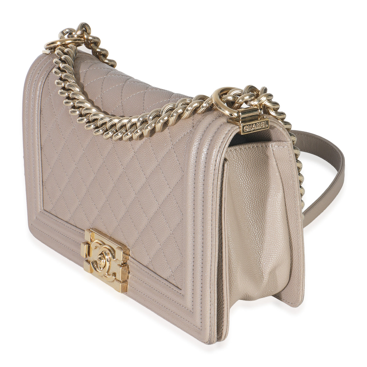 Beige Quilted Caviar Medium Boy Handbag