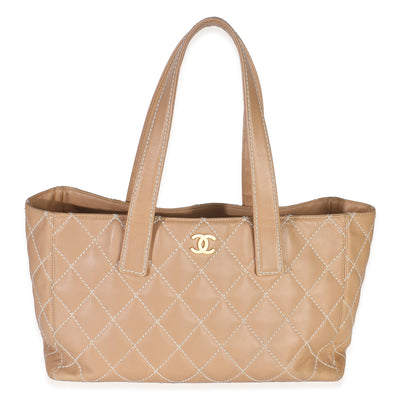 Chanel Beige Quilted Lambskin Small Wild Stitch Tote Handbag id