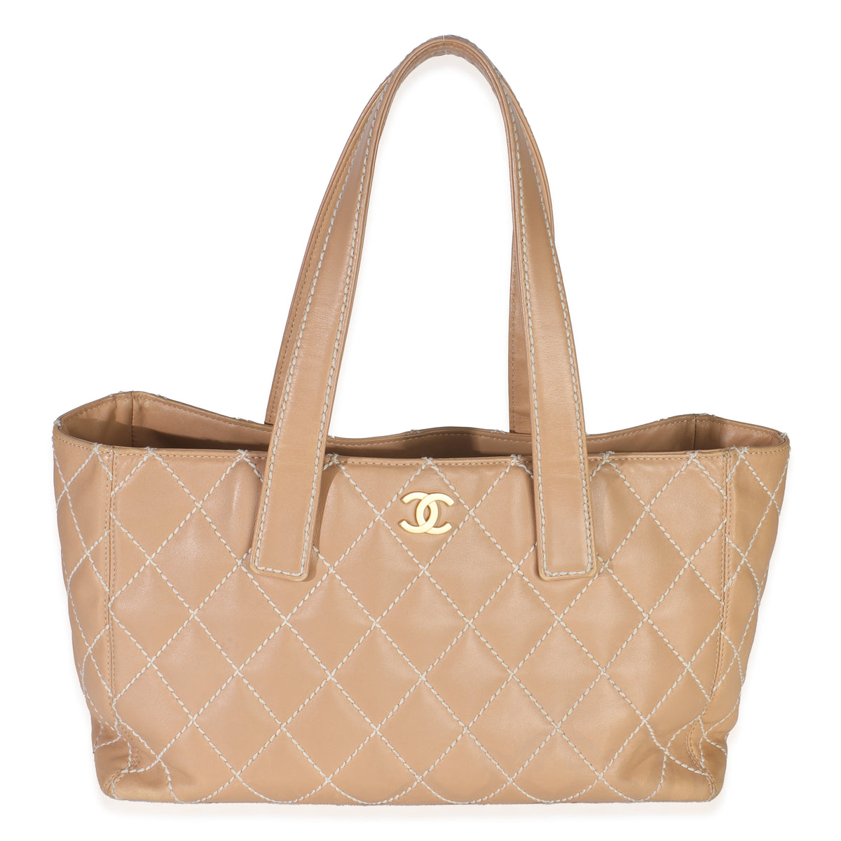 Chanel Beige Quilted Lambskin Small Wild Stitch Tote Handbag id