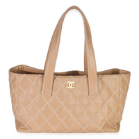 Chanel Beige Quilted Lambskin Small Wild Stitch Tote Handbag id