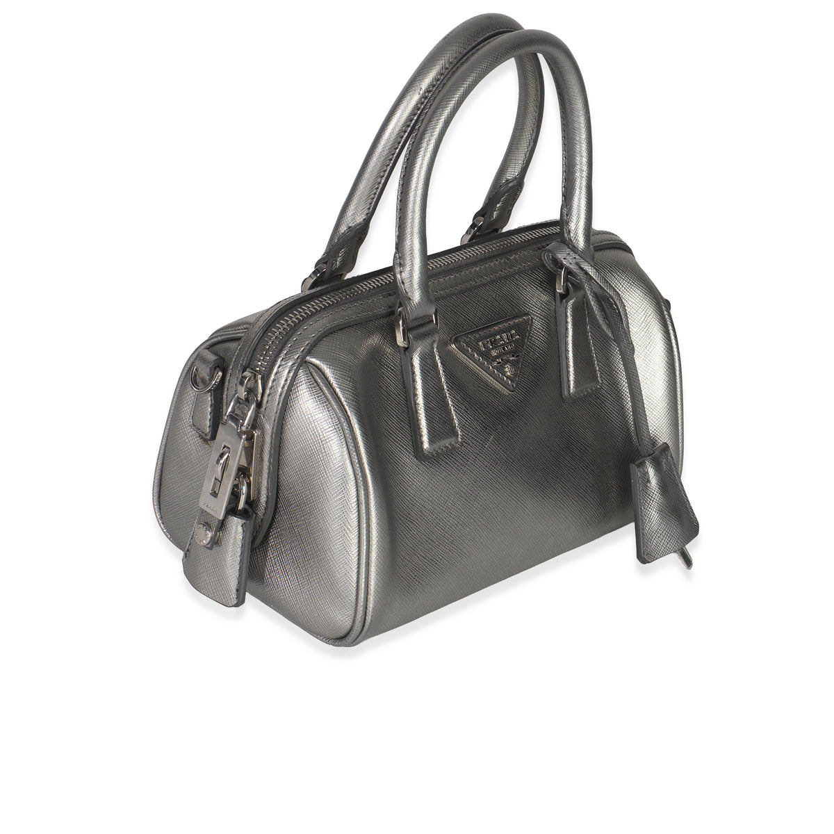 Silver Saffiano Lux Small Bauletto Bag