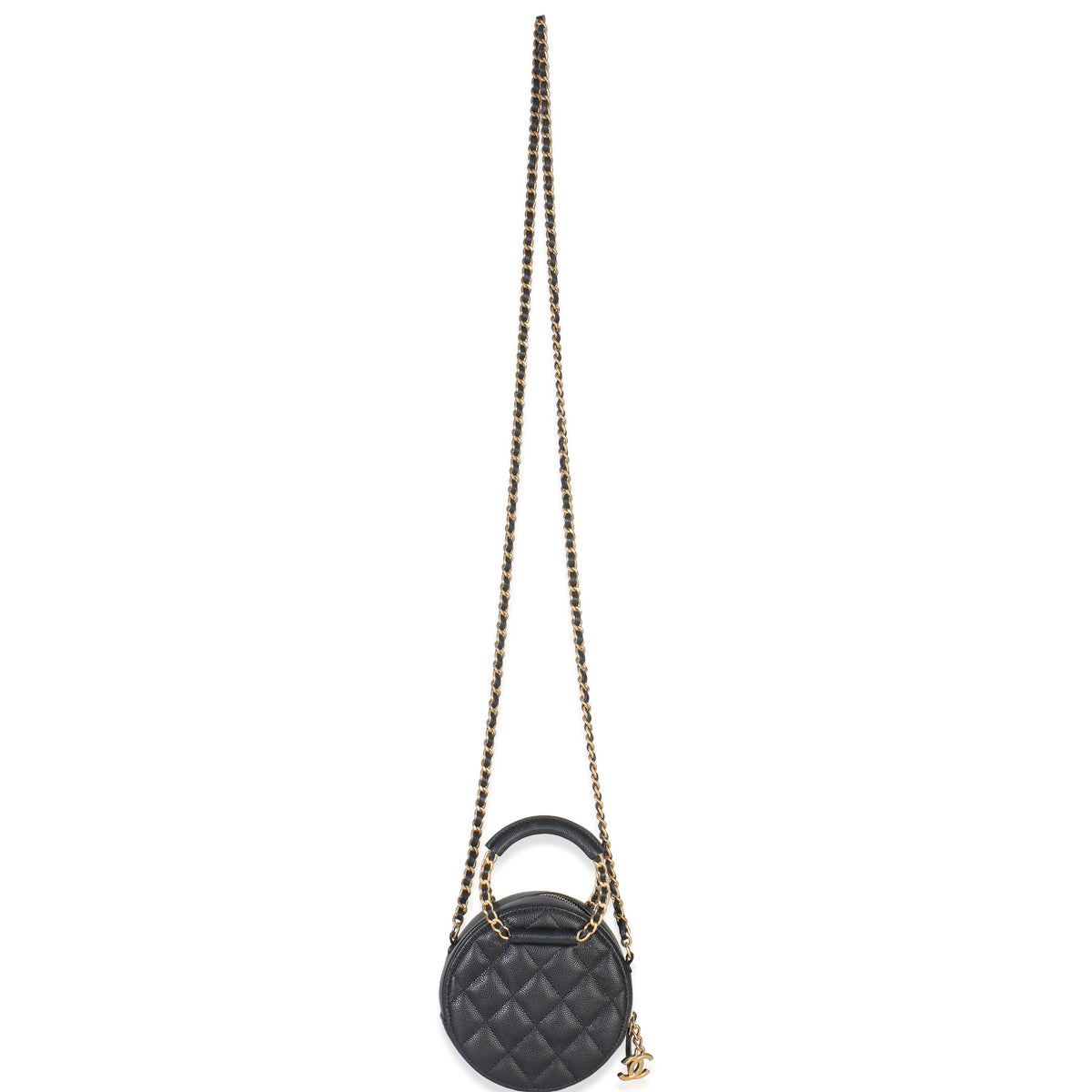 Black Quilted Caviar In The Loop Mini Round Clutch Handbag With Chain