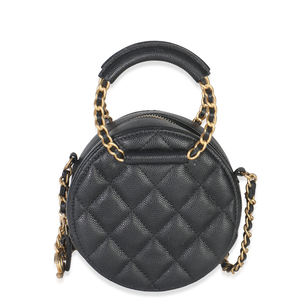 Black Quilted Caviar In The Loop Mini Round Clutch Handbag With Chain
