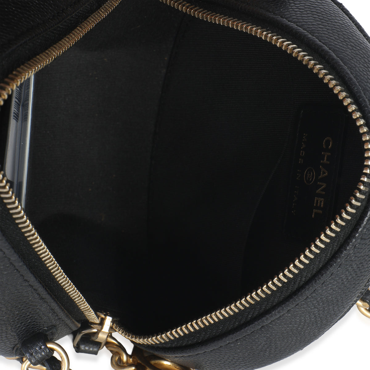 Black Quilted Caviar In The Loop Mini Round Clutch Handbag With Chain