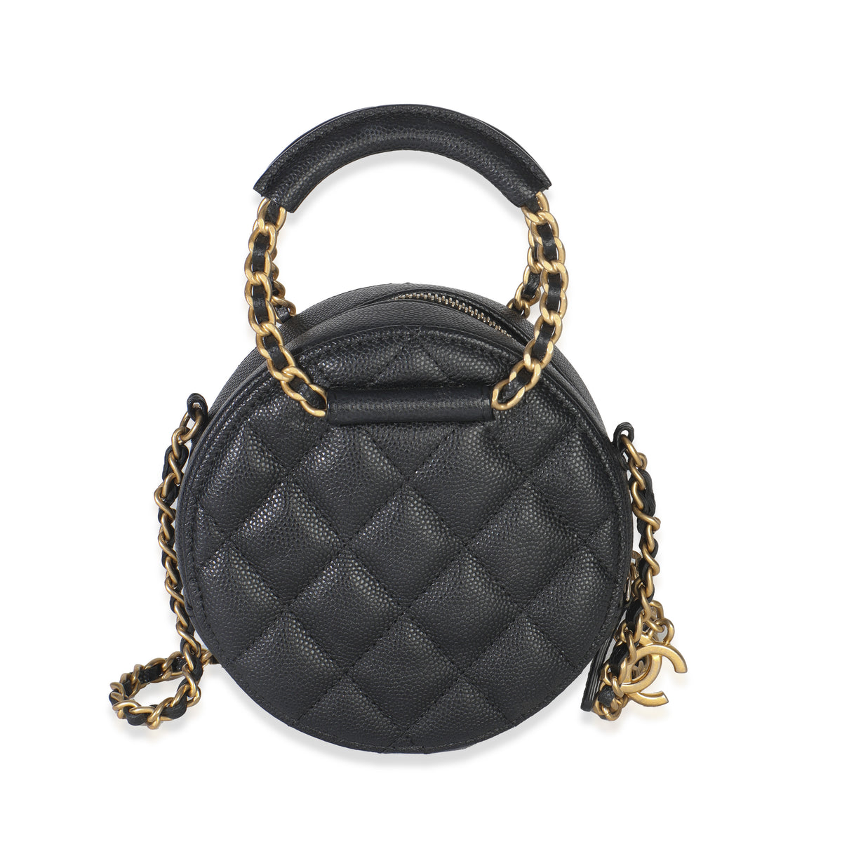 Black Quilted Caviar In The Loop Mini Round Clutch Handbag With Chain