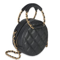 Black Quilted Caviar In The Loop Mini Round Clutch Handbag With Chain