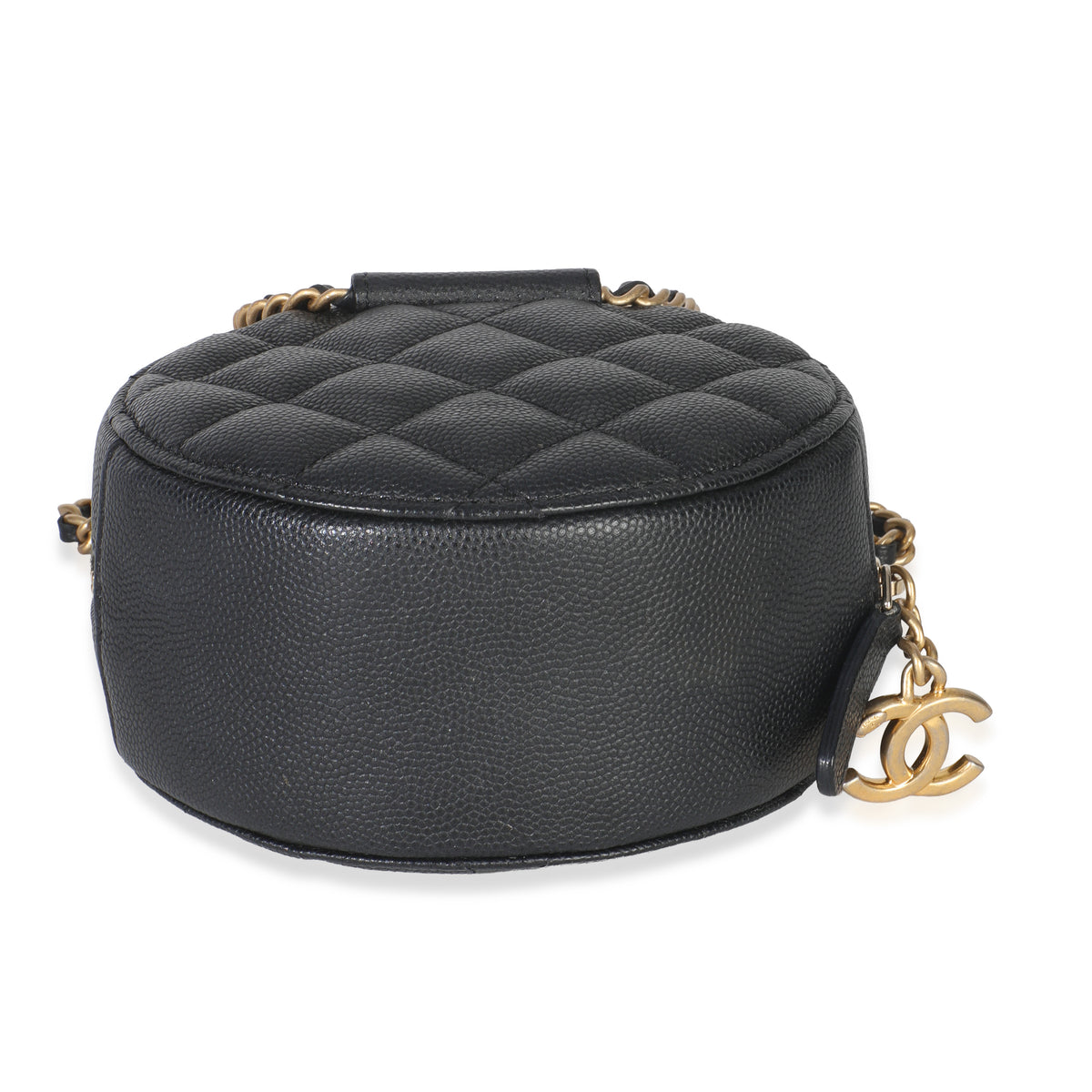 Black Quilted Caviar In The Loop Mini Round Clutch Handbag With Chain