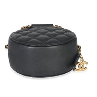 Black Quilted Caviar In The Loop Mini Round Clutch Handbag With Chain