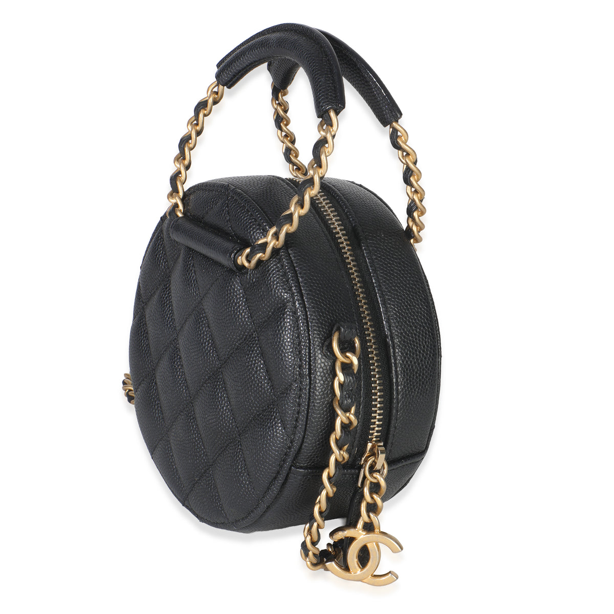 Black Quilted Caviar In The Loop Mini Round Clutch Handbag With Chain
