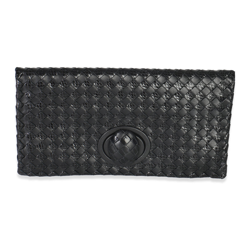 Black Nappa Intrecciato Woven Turnlock Clutch