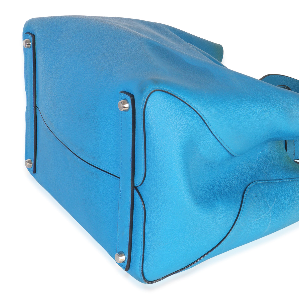 Blue Supple Grained Calfskin Large Open Bar Tote