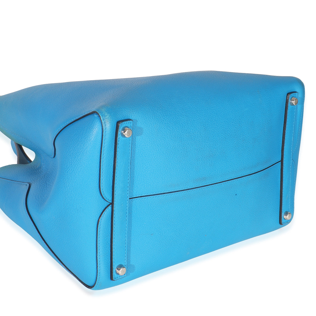 Blue Supple Grained Calfskin Large Open Bar Tote