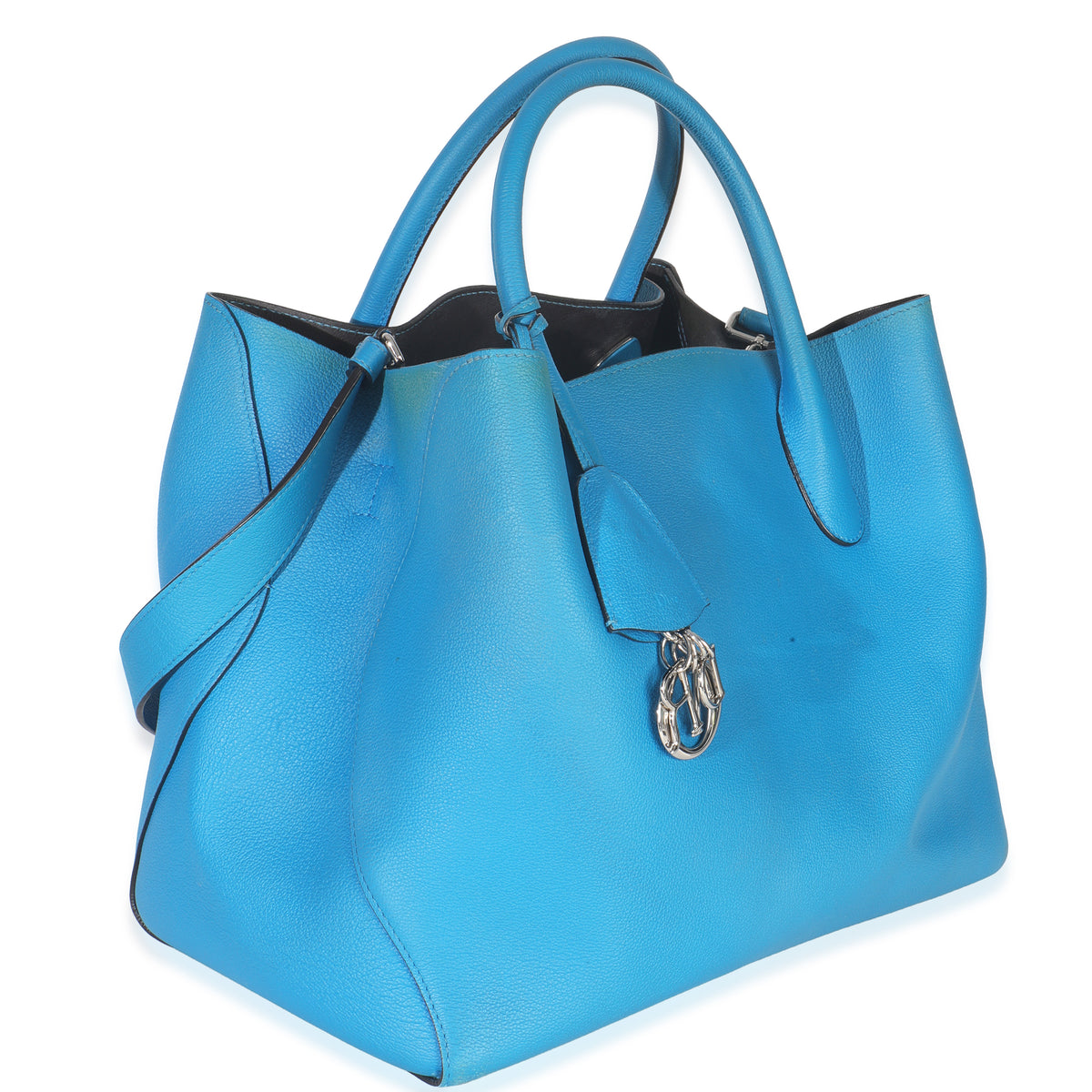 Blue Supple Grained Calfskin Large Open Bar Tote