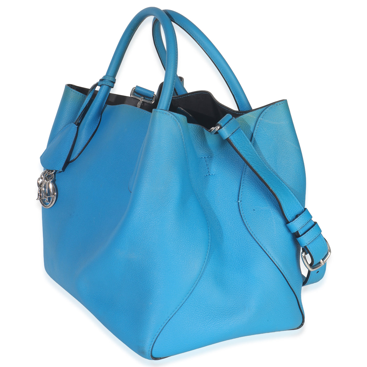 Blue Supple Grained Calfskin Large Open Bar Tote