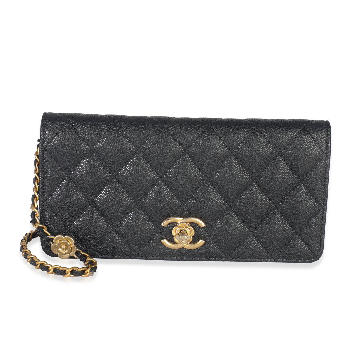 Black Quilted Caviar Camellia Clutch With Chain