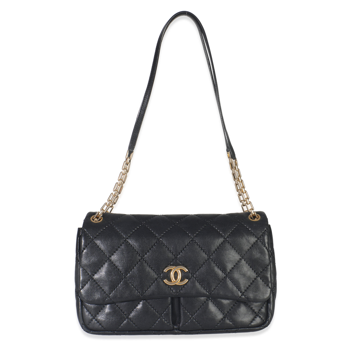 Black Ultimate Stitch Calfskin Retro Chain Flap Bag