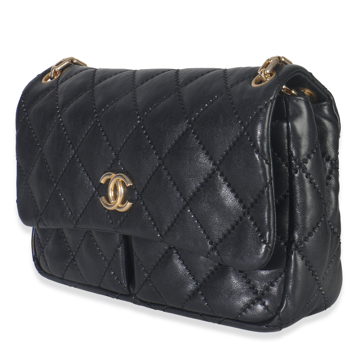 Black Ultimate Stitch Calfskin Retro Chain Flap Bag