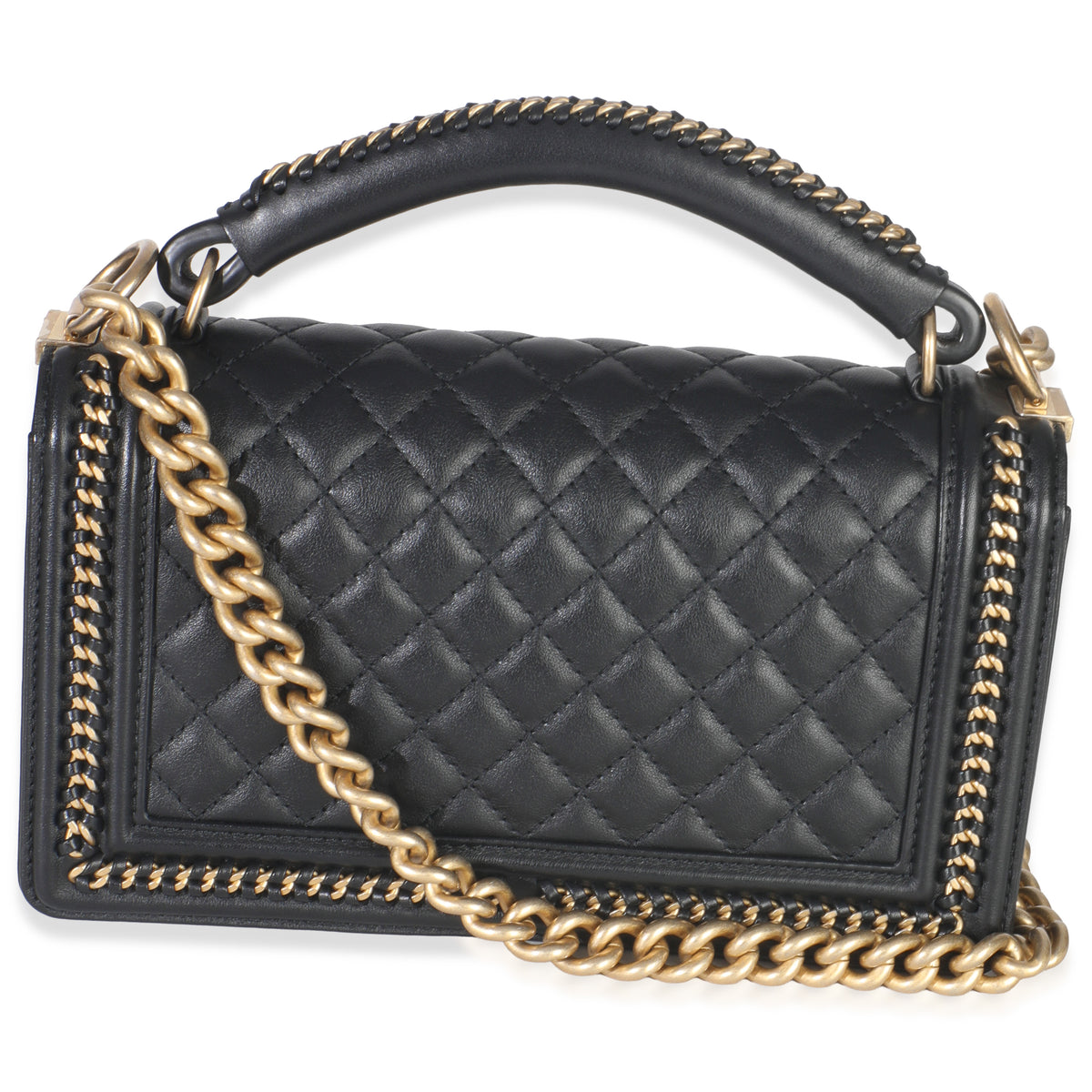 Chanel Black Quilted Calfskin Interwoven Chain Top Handle Boy Bag Handbag bv