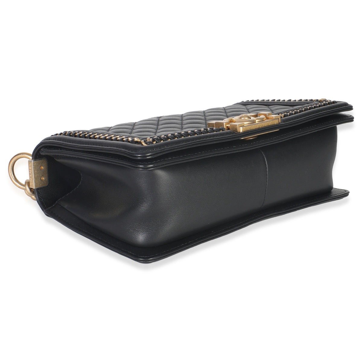 Chanel Black Quilted Calfskin Interwoven Chain Top Handle Boy Bag Handbag clasp