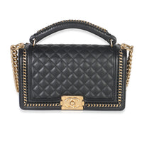 Chanel Black Quilted Calfskin Interwoven Chain Top Handle Boy Bag Handbag fv